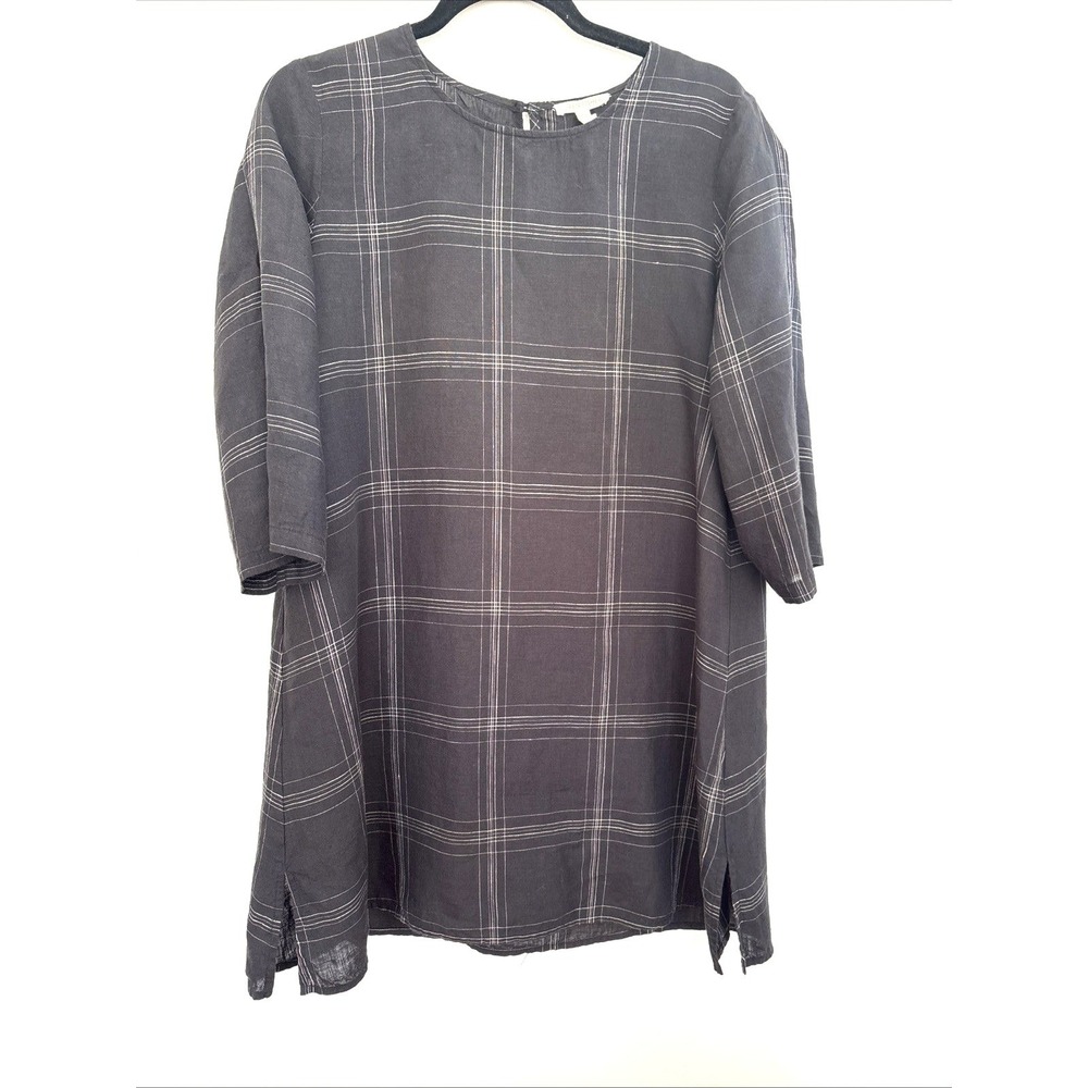 Eileen Fisher Organic Linen Windowpane Plaid Tunic Top Black White‎ S R17MUJ